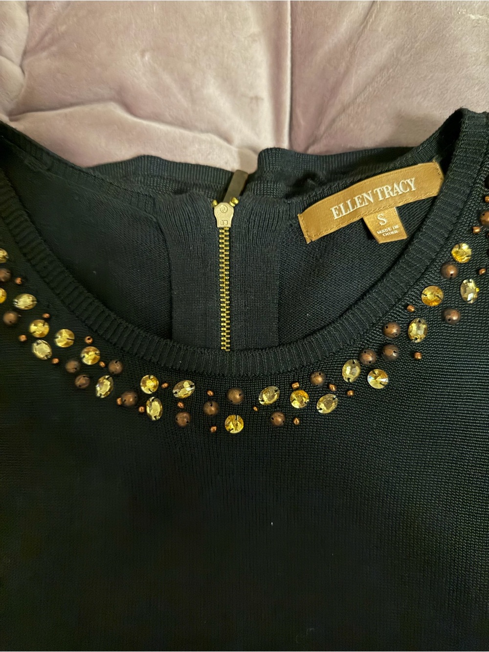 Ellen Tracy Black Crewneck Sweater with Gold Beaded Embellishment